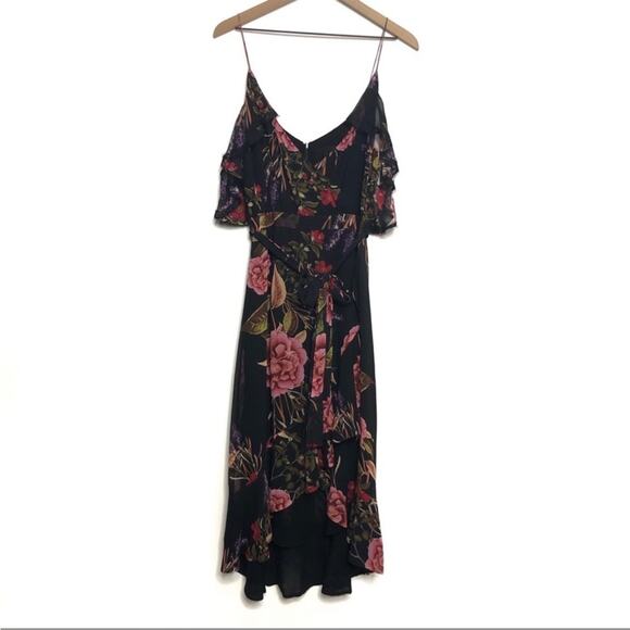 Nicholas Floral Ruffle Flutter Sleeve Black Cami silk Midi Dress Size US 6
